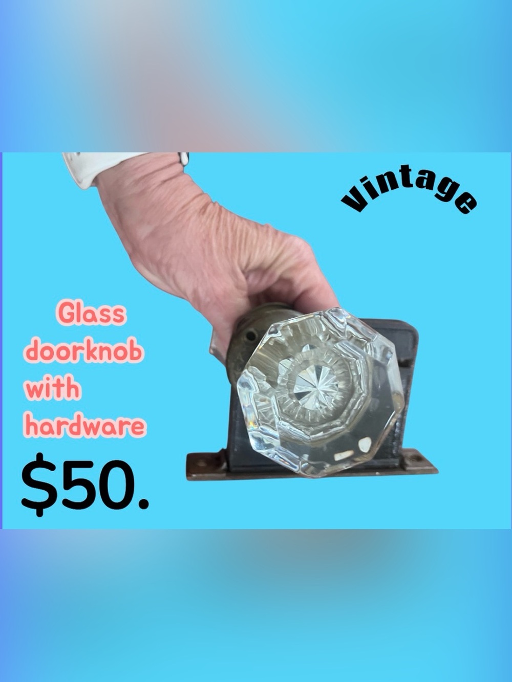 Vintage Glass Octagonal Door Knob on Brass Base